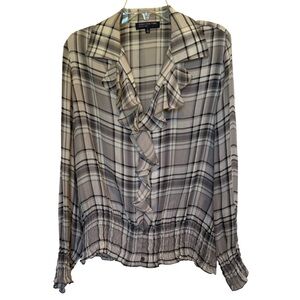 Jones New York Silk Plaid Ruffle Blouse - Gray